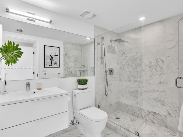 9940 W Bay Harbor Dr Unit 3G-S, Bay Harbor Islands, FL 33154 - bathroom featuring vanity, marble look tiles, a marble finish shower, and recessed lighting