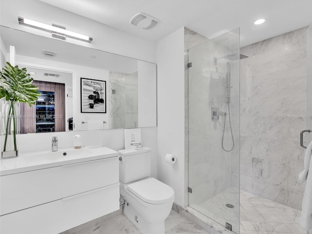 9940 W Bay Harbor Dr Unit 3G-S, Bay Harbor Islands, FL 33154 - full bath with vanity, a marble finish shower, marble finish flooring, a spacious closet, and recessed lighting