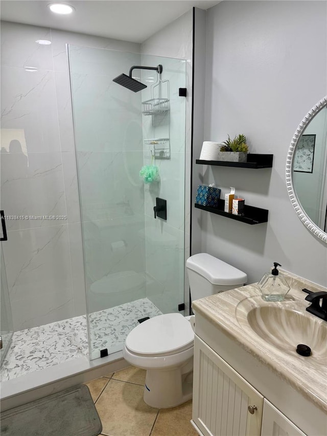1111 NW 173rd Ave, Pembroke Pines, FL 33029 - bathroom featuring a stall shower, vanity, tile patterned flooring, and recessed lighting