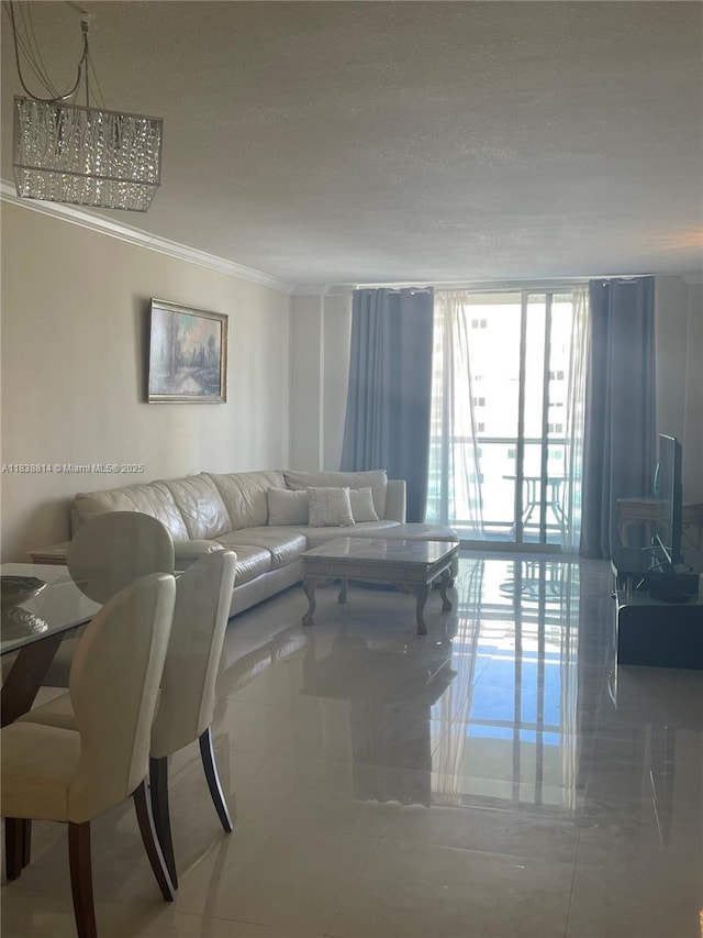 19390 Collins Ave Unit 902, Sunny Isles Beach, FL 33160 - living room featuring crown molding, floor to ceiling windows, tile patterned floors, and a textured ceiling