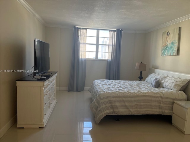19390 Collins Ave Unit 902, Sunny Isles Beach, FL 33160 - bedroom with ornamental molding, a textured ceiling, and light tile patterned floors