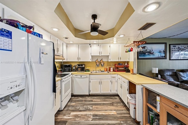 8103 NW 27th St Unit 1, Coral Springs, FL 33065 - kitchen featuring white appliances, ceiling fan, dark wood-type flooring, light countertops, and recessed lighting