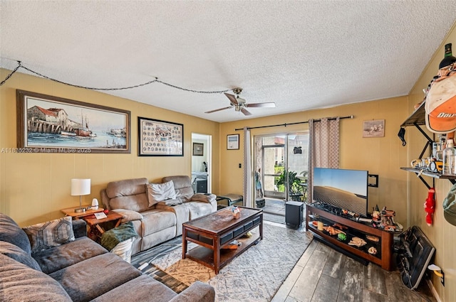 8103 NW 27th St Unit 1, Coral Springs, FL 33065 - living room with a textured ceiling, wood finished floors, and a ceiling fan