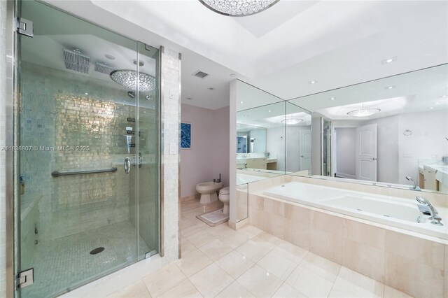 2000 Island Blvd Unit 2409, Aventura, FL 33160 - bathroom with a shower stall, tile patterned flooring, a bidet, a tub with jets, and vanity