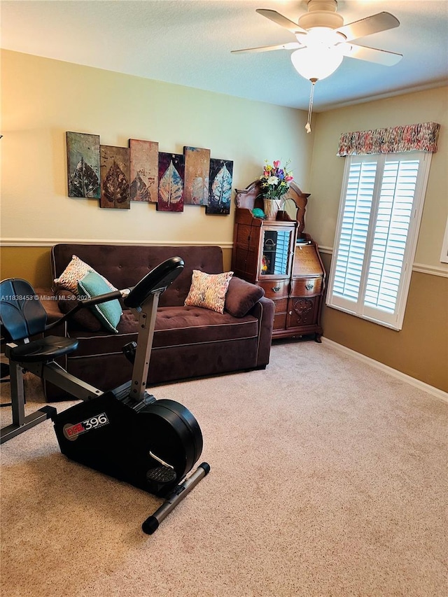 workout area with carpet floors and ceiling fan