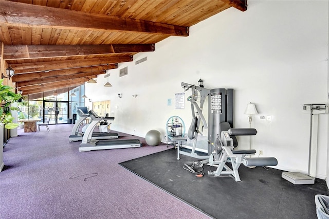 7684 NW 18th St Unit 202, Margate, FL 33063 - workout area with a wooden ceiling with exposed beams and high vaulted ceiling