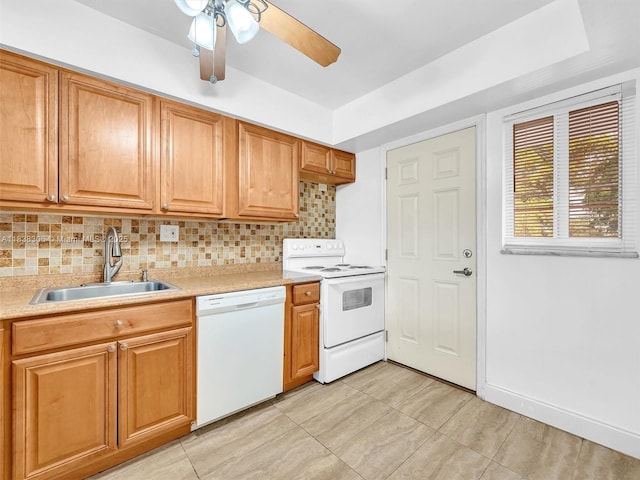 1170 NE 191st St Unit 24, Miami, FL 33179 - kitchen with white appliances, light countertops, ceiling fan, decorative backsplash, and light tile patterned floors