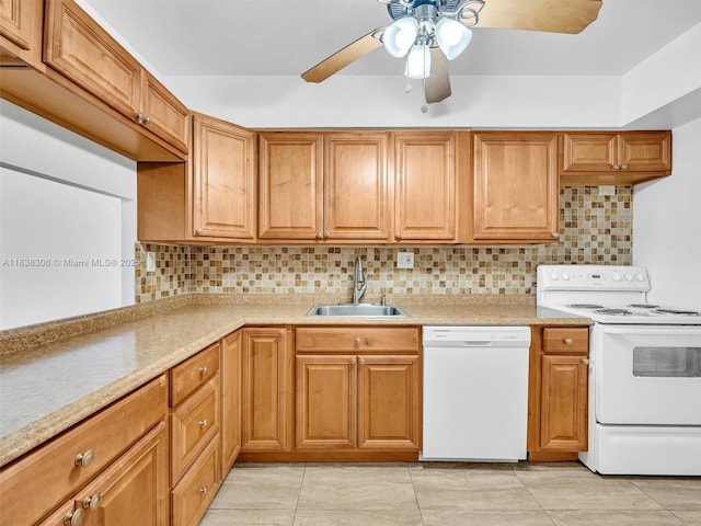 1170 NE 191st St Unit 24, Miami, FL 33179 - kitchen featuring white appliances, backsplash, light countertops, and ceiling fan