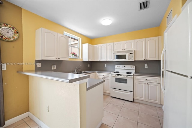 8079 W 36th Ave Unit 6, Hialeah, FL 33018 - kitchen featuring white appliances, a peninsula, light tile patterned floors, and white cabinetry