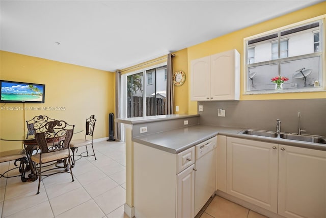 8079 W 36th Ave Unit 6, Hialeah, FL 33018 - kitchen featuring white dishwasher, white cabinetry, a peninsula, and light tile patterned floors