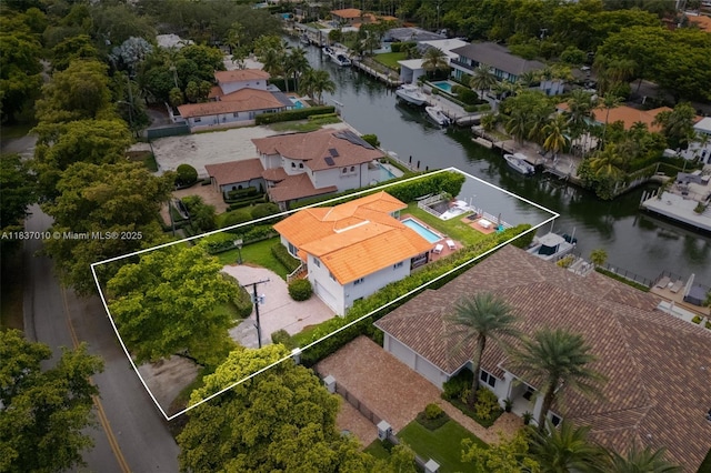 5308 Riviera Dr, Coral Gables, FL 33146 - aerial perspective of suburban area with a nearby body of water and property parcel outlined