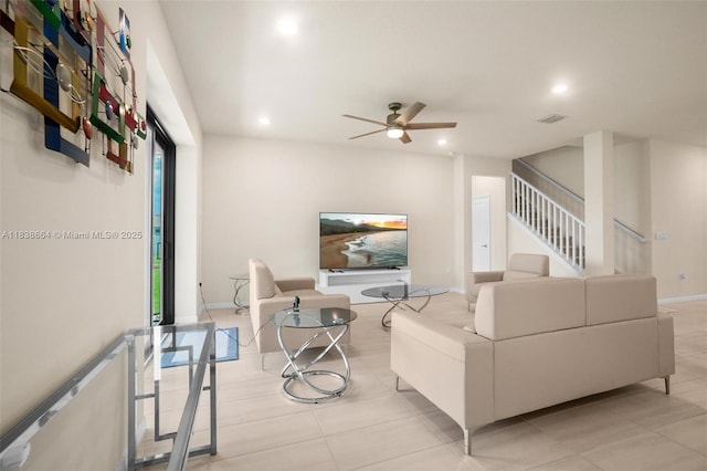 8036 NW 78th St, Tamarac, FL 33321 - living area with recessed lighting, a ceiling fan, stairs, and light tile patterned floors