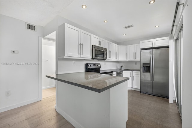 1821 Jefferson Ave Unit 202, Miami Beach, FL 33139 - kitchen featuring appliances with stainless steel finishes, white cabinets, a peninsula, recessed lighting, and dark countertops