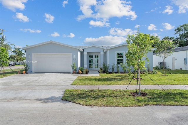 3451 SW 19th St, Fort Lauderdale, FL 33312 - ranch-style house with french doors, an attached garage, concrete driveway, stucco siding, and a front lawn
