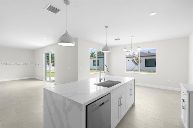 3451 SW 19th St, Fort Lauderdale, FL 33312 - kitchen with dishwasher, white cabinetry, recessed lighting, a kitchen island with sink, and decorative light fixtures