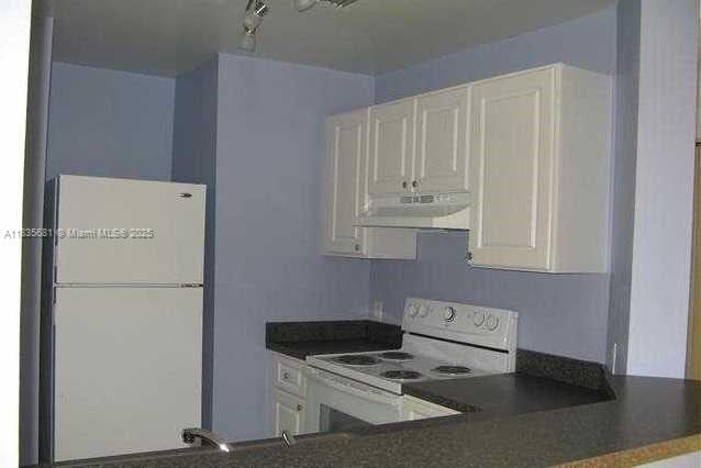3421 NW 44th St Unit 103, Oakland Park, FL 33309 - kitchen with white appliances, under cabinet range hood, dark countertops, and white cabinets