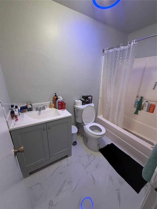 10726 SW 147th Pl, Miami, FL 33196 - bathroom featuring shower / bathtub combination with curtain, vanity, and marble finish floors