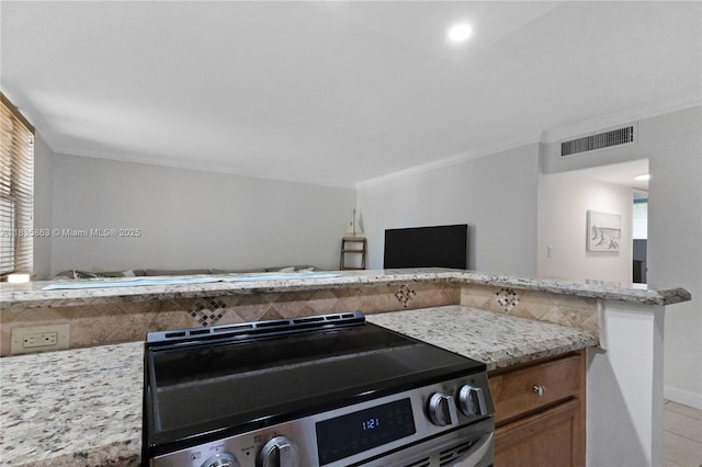 2400 NE 10th St Unit 104, Pompano Beach, FL 33062 - kitchen featuring electric stove, crown molding, decorative backsplash, and light stone counters