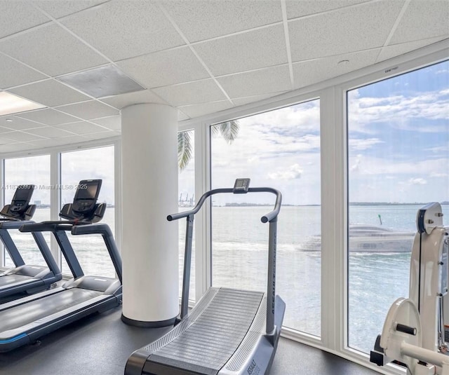 770 Claughton Island Dr Unit 1915, Miami, FL 33131 - workout area featuring a drop ceiling and a water view