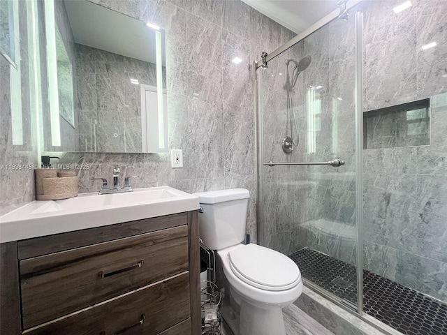 5387 SW 40th Ave Unit 202, Dania Beach, FL 33314 - bathroom with tile walls, vanity, and a stall shower