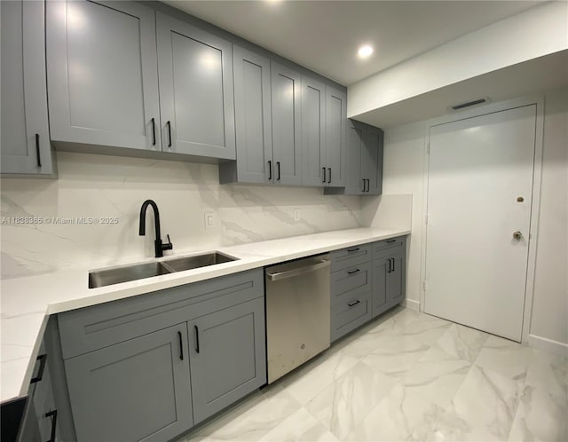 4400 Hillcrest Dr Unit 314B, Hollywood, FL 33021 - kitchen featuring stainless steel dishwasher, gray cabinetry, light marble finish flooring, backsplash, and recessed lighting