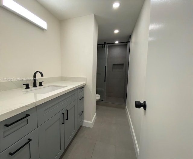 4400 Hillcrest Dr Unit 314B, Hollywood, FL 33021 - bathroom with a shower stall, tile patterned flooring, vanity, and recessed lighting