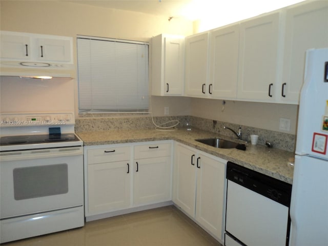 1050 93rd St Unit 6F, Bay Harbor Islands, FL 33154 - kitchen with white appliances, under cabinet range hood, white cabinets, and light stone countertops