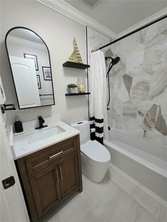 10120 NW 71st Pl, Tamarac, FL 33321 - full bathroom featuring ornamental molding, vanity, and shower / bath combination with curtain