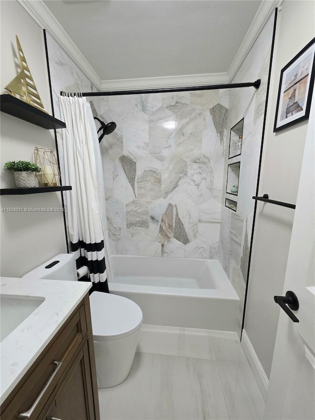10120 NW 71st Pl, Tamarac, FL 33321 - bathroom featuring crown molding, shower / tub combo with curtain, vanity, and marble look tiles