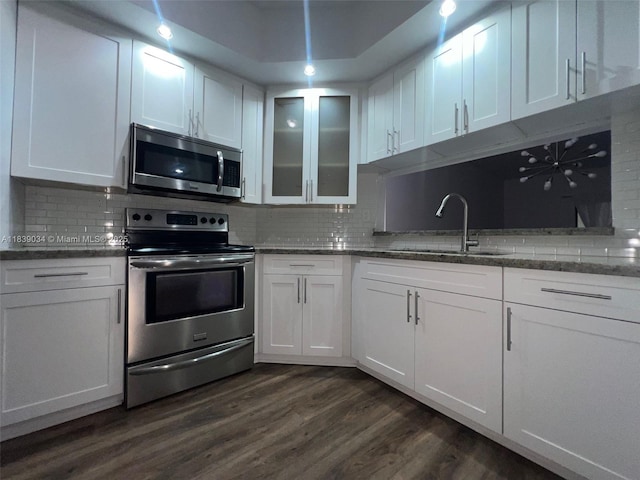 8831 SW 130th Pl Unit 106, Miami, FL 33186 - kitchen featuring appliances with stainless steel finishes, white cabinets, tasteful backsplash, and dark wood-style floors
