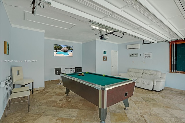 16000 N Miami Ave, Miami, FL 33169 - recreation room with an AC wall unit, light stone finish flooring, billiards table, crown molding, and a garage