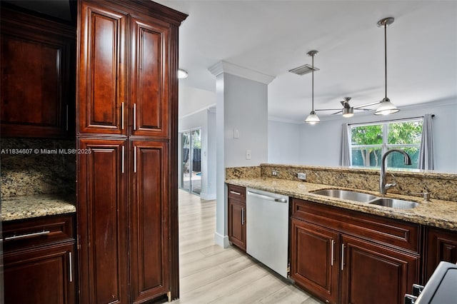 14834 SW 140th St, Miami, FL 33196 - kitchen featuring dishwasher, ceiling fan, crown molding, pendant lighting, and light stone counters