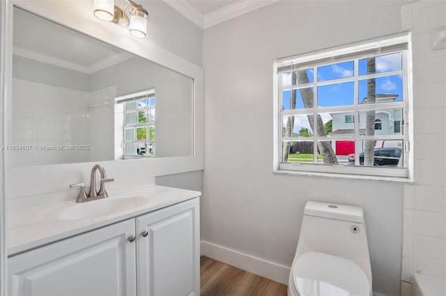 14834 SW 140th St, Miami, FL 33196 - full bathroom with crown molding, wood finished floors, vanity, a shower, and a tub