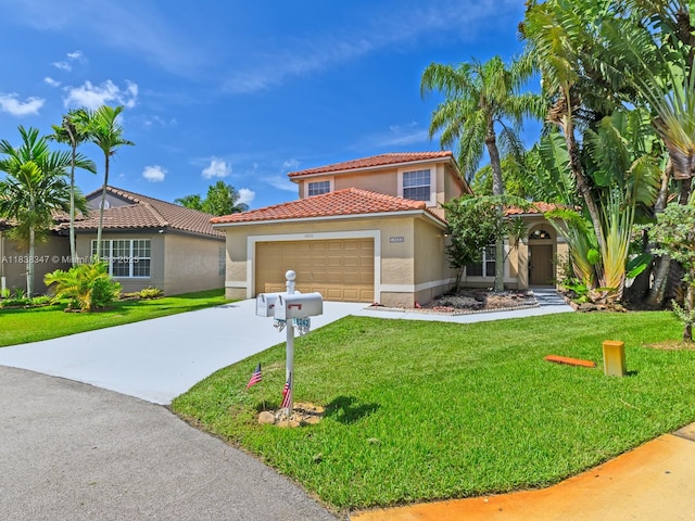 18232 SW 5th St, Pembroke Pines, FL 33029 - mediterranean / spanish home featuring an attached garage, stucco siding, a tile roof, driveway, and a front lawn