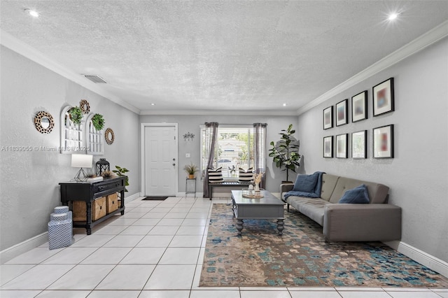 1650 SW 17th St, Miami, FL 33145 - living room with a textured ceiling, ornamental molding, recessed lighting, and light tile patterned flooring