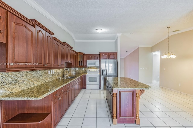 5370 SW 144th Ave, Miami, FL 33175 - kitchen featuring white appliances, decorative backsplash, light stone counters, glass insert cabinets, and ornamental molding