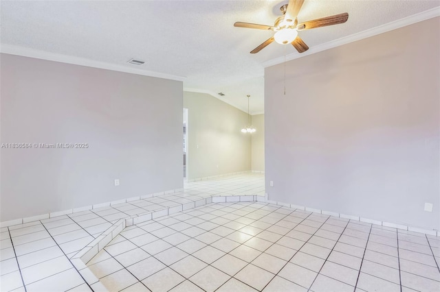 5370 SW 144th Ave, Miami, FL 33175 - spare room featuring a ceiling fan, crown molding, a textured ceiling, lofted ceiling, and a chandelier
