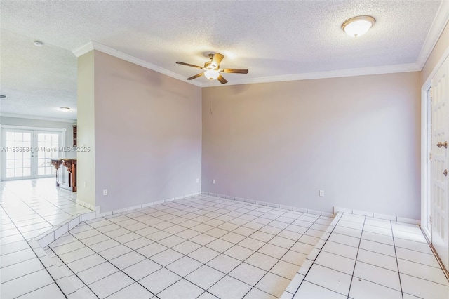 5370 SW 144th Ave, Miami, FL 33175 - unfurnished room with ceiling fan, a textured ceiling, ornamental molding, light tile patterned flooring, and french doors