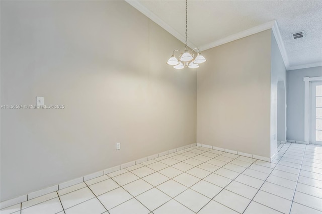 5370 SW 144th Ave, Miami, FL 33175 - empty room featuring ornamental molding, a chandelier, light tile patterned flooring, and a textured ceiling