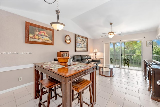 5560 Lakeside Dr Unit 204, Margate, FL 33063 - dining area featuring vaulted ceiling, a ceiling fan, and light tile patterned floors