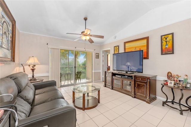 5560 Lakeside Dr Unit 204, Margate, FL 33063 - living room with ceiling fan, vaulted ceiling, and light tile patterned floors