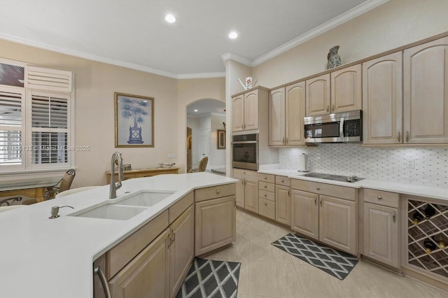 15595 Chandelle Pl, Wellington, FL 33414 - kitchen featuring stainless steel appliances, light brown cabinets, arched walkways, crown molding, and light countertops