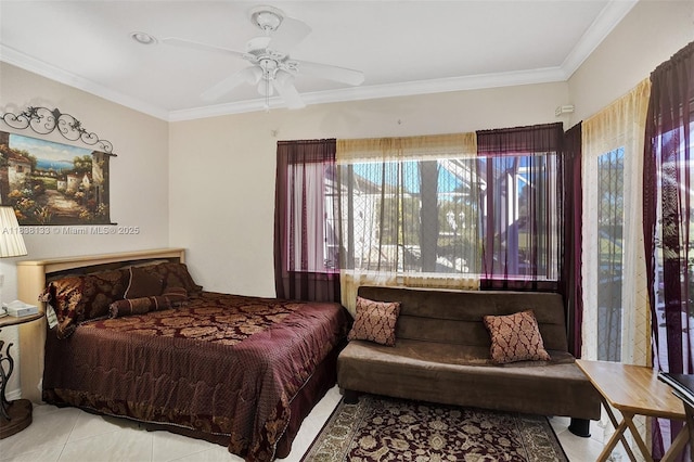 15595 Chandelle Pl, Wellington, FL 33414 - tiled bedroom with ornamental molding and a ceiling fan