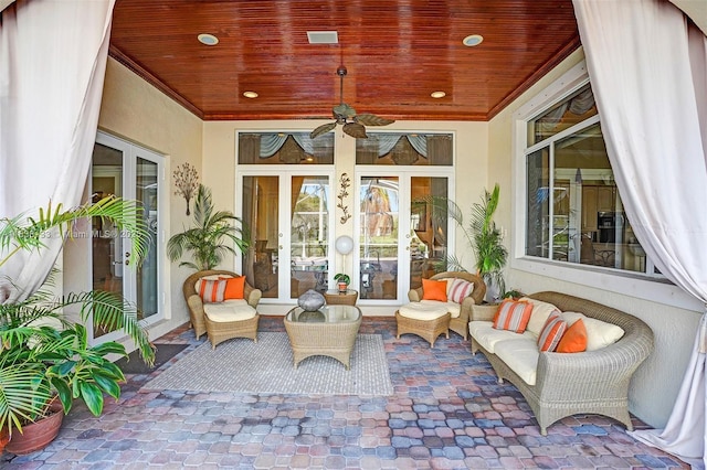 15595 Chandelle Pl, Wellington, FL 33414 - view of patio / terrace with ceiling fan, french doors, and an outdoor living space