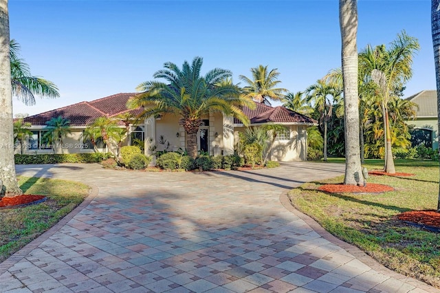 15595 Chandelle Pl, Wellington, FL 33414 - mediterranean / spanish house featuring curved driveway, stucco siding, and a tile roof