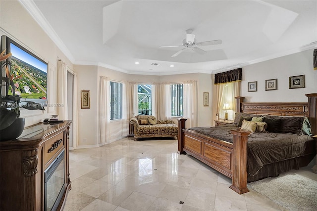 15595 Chandelle Pl, Wellington, FL 33414 - bedroom with ornamental molding, a tray ceiling, recessed lighting, and a ceiling fan