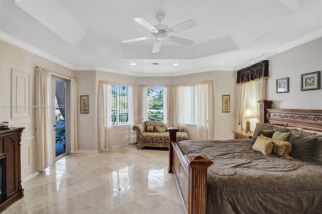 15595 Chandelle Pl, Wellington, FL 33414 - bedroom featuring access to outside, a tray ceiling, recessed lighting, ornamental molding, and a ceiling fan