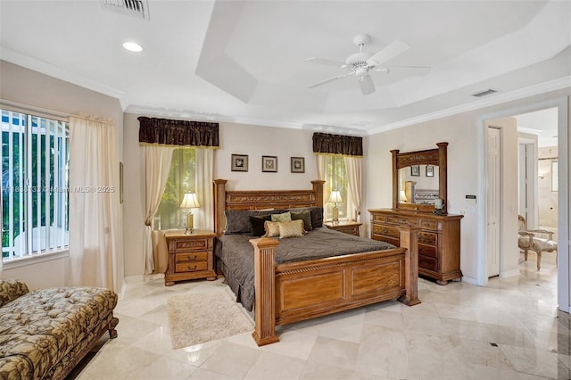 15595 Chandelle Pl, Wellington, FL 33414 - bedroom with a tray ceiling, crown molding, ceiling fan, and recessed lighting