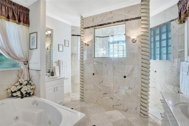 15595 Chandelle Pl, Wellington, FL 33414 - bathroom with vanity, crown molding, a whirlpool tub, and a tile shower