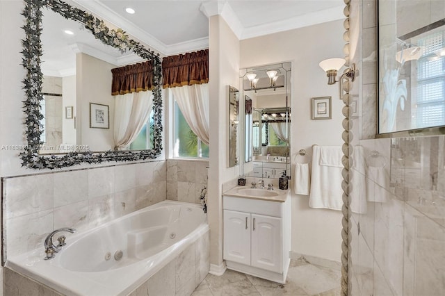 15595 Chandelle Pl, Wellington, FL 33414 - bathroom with ornamental molding, a whirlpool tub, healthy amount of natural light, vanity, and a walk in shower